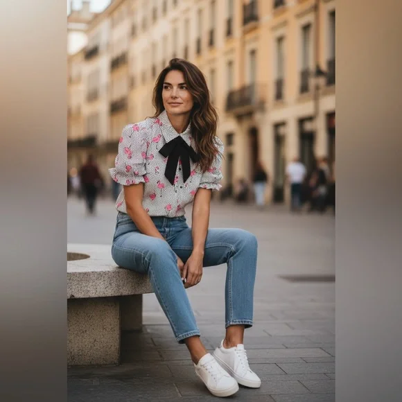 Zara White Blouse with Pink Pattern and Black Bow - Picture 2 of 4